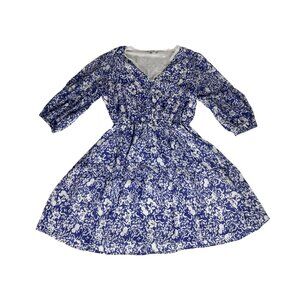 Marissa Olivia Floral Boho Dress Women L Blue White V-Neck Balloon Sleeve A-Line